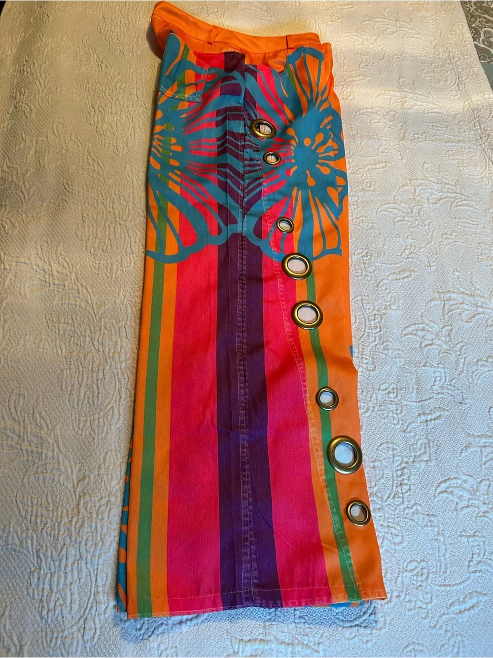 Wide Leg Floral Grommet Pants - Orange Multicolor - Picture 3 of 3